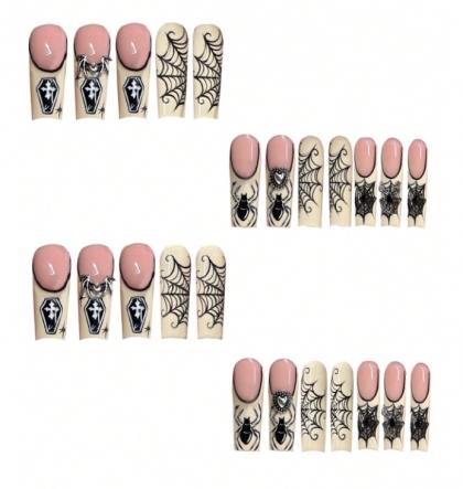 Beautiful Set - 24pcs Long French Spider, Heart, And Spiderweb Halloween Funny Design Fake Press on Nail