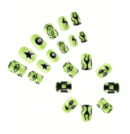 Beautiful Set - 24pcs Short Halloween Theme Green Lightning Flame Wearable EYES Design Fake Press on Nail