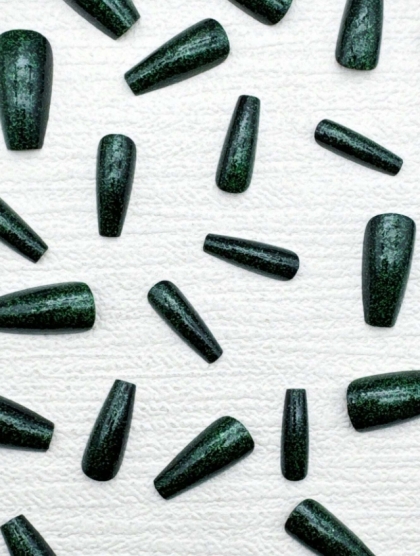 Beautiful Set - 24pcs Long Coffin Nail Gothic Dark Green Glitter Sparkle Effect Design Fake Press on Nail