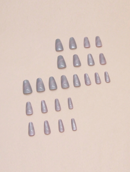 Beautiful Set - 24pcs Long Coffin Magnetic Sparkle Effect Cat Eye Aurora Line Design Fake Press on Nail