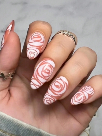 Beautiful Set - 24pcs Long Almond Nude Pink with White Roses Design Fake Press on Nail