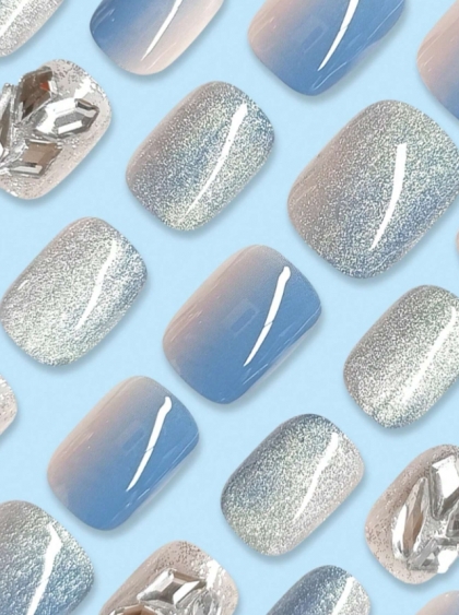 Beautiful Set - 24pcs Short Elegant Square Gradient Glossy Blue / Grey With Sparkle Glitter Design Fake Press on Nail