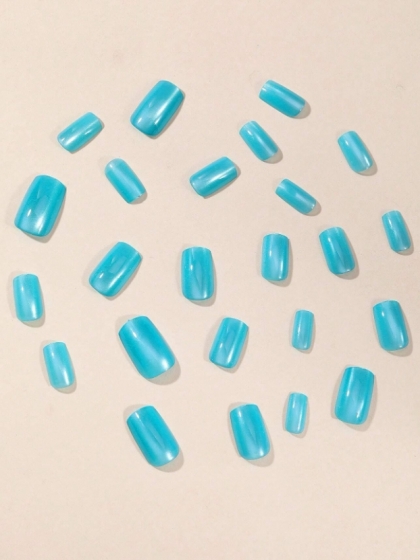 Beautiful Set - 24pcs Glossy Square Opal Light Blue Cat Eye Effect Sparkle Design Fake Press on Nail