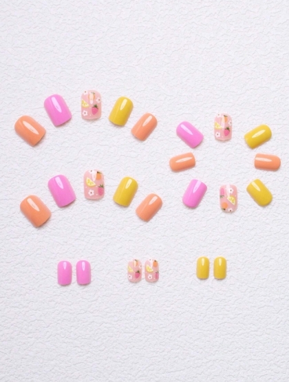 Beautiful Set - 24pcs Short Square Strawberry, Orange, Lemon And Other Fruit with Mini Flowers Cute Design Fake Press on Nail