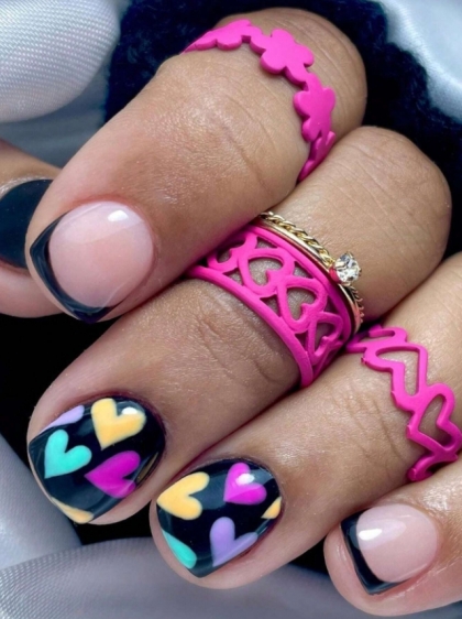Beautiful Set - 24pcs Shiny Square Black French Style with Pastel Cute Mini Hearts Design Fake Press on Nail