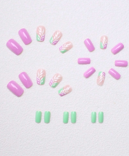 Beautiful Set - 24pcs Medium Square Pastel Color Pink / Green Leaf Design Fake Press on Nail