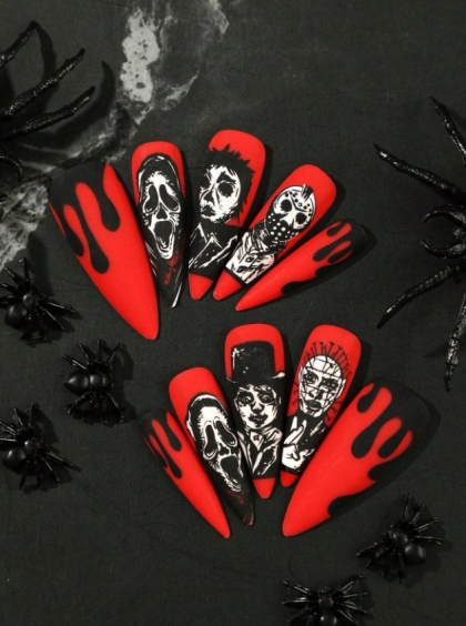 Beautiful Set - 24pcs Long Almond Bright Red Matte Horor Scene / Halloween Design Fake Press on Nail