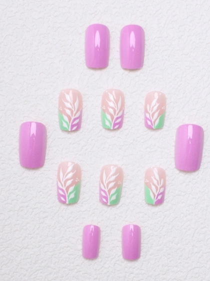 Beautiful Set - 24pcs Medium Square Pastel Color Pink / Green Leaf Design Fake Press on Nail