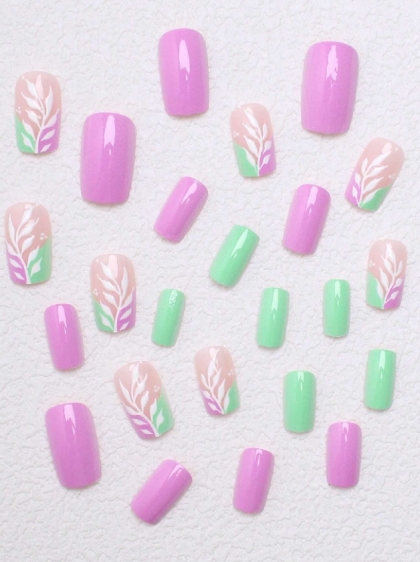 Beautiful Set - 24pcs Medium Square Pastel Color Pink / Green Leaf Design Fake Press on Nail