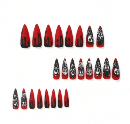 Beautiful Set - 24pcs Long Almond Bright Red Matte Horor Scene / Halloween Design Fake Press on Nail