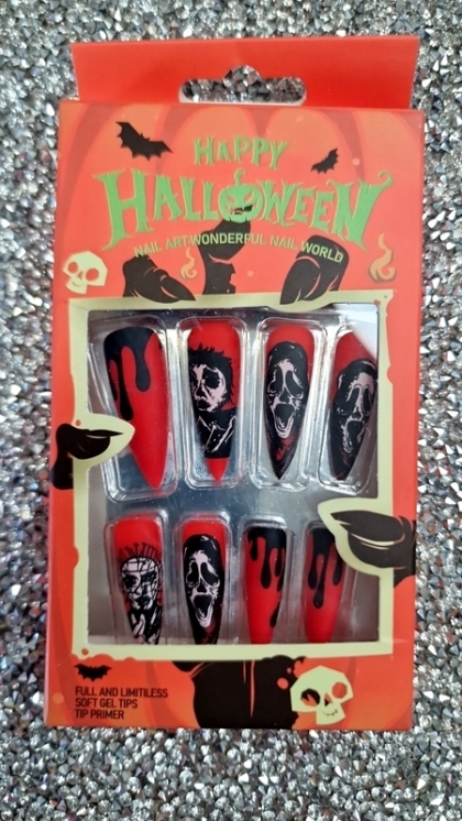 Beautiful Set - 24pcs Long Almond Bright Red Matte Horor Scene / Halloween Design Fake Press on Nail