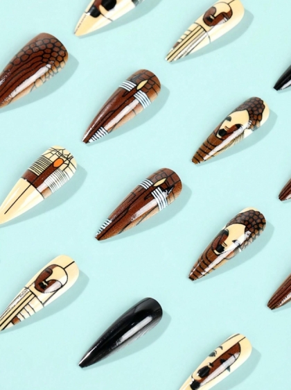 Beautiful Set - 24pcs Long African Style and Sand Colored Design Fake Press on Nail