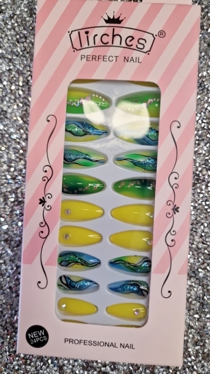 Beautiful Set - 24pcs Almond Style Yellow-Green Gradient Shiny Sparkle Fantasy Creative Design Fake Press on Nail