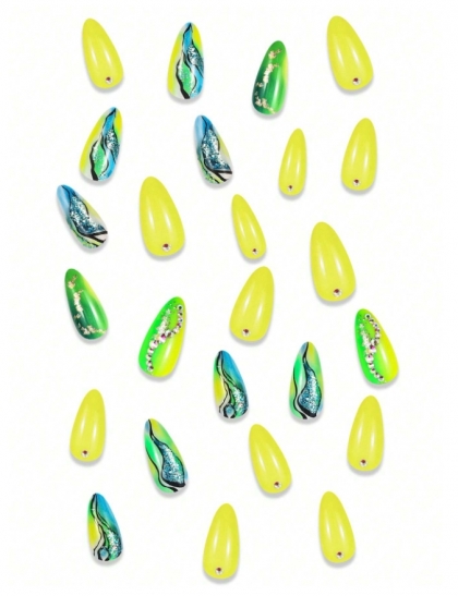Beautiful Set - 24pcs Almond Style Yellow-Green Gradient Shiny Sparkle Fantasy Creative Design Fake Press on Nail