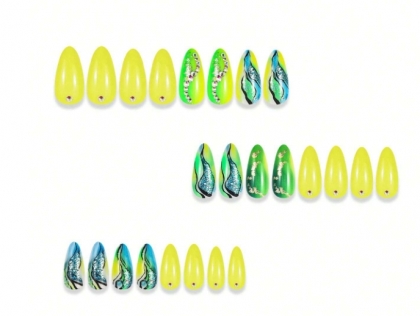 Beautiful Set - 24pcs Almond Style Yellow-Green Gradient Shiny Sparkle Fantasy Creative Design Fake Press on Nail