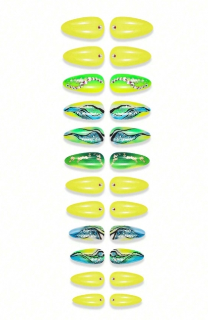 Beautiful Set - 24pcs Almond Style Yellow-Green Gradient Shiny Sparkle Fantasy Creative Design Fake Press on Nail