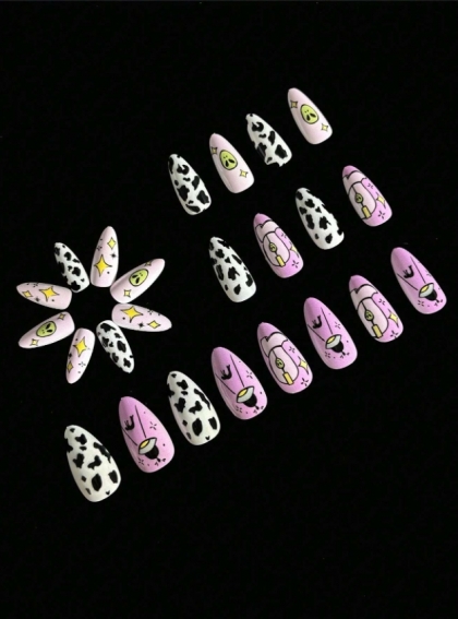 Beautiful Set - 24pcs Almond Style Black And White Cow Print Quirky Cartoon Pattern Design Fake Press on Nail