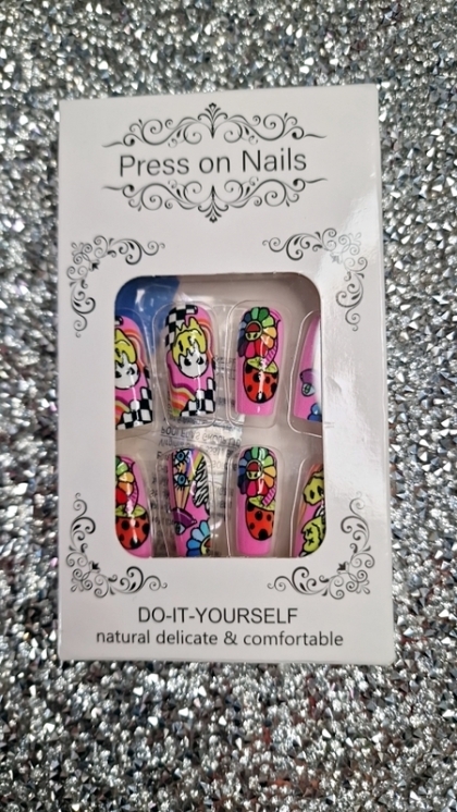 Beautiful Set - 24pcs Short Coffin Cute Funny Rainbow Mushrooms / Smiles / UFO Design Fake Press on Nail