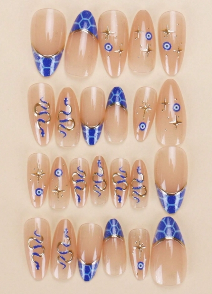 Beautiful Set - 24pcs Long Almond Elegant French Golden Style with Snake / Blue Eyes Design Fake Press on Nail
