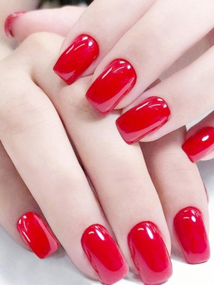 Beautiful Set - 24pcs Short Square Elegant Solid Signal Red Color Design Fake Press on Nail
