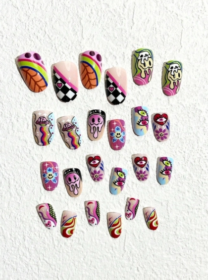 Beautiful Set - 24pcs Short Oval Cute Funny Rainbow Flowers / Smiles / UFO Design Fake Press on Nail
