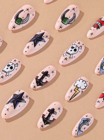 Beautiful Set - 24pcs Long Almond Extravagant Tattoo and Graffiti Design Fake Press on Nail