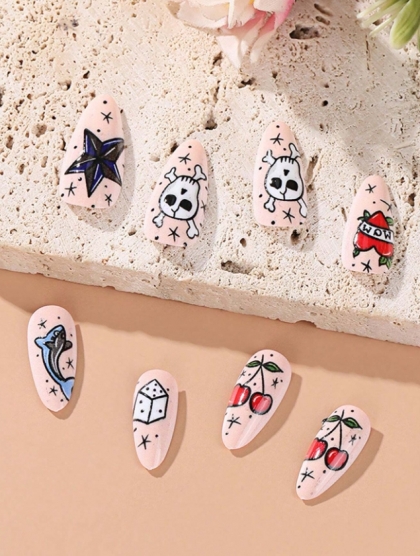 Beautiful Set - 24pcs Long Almond Extravagant Tattoo and Graffiti Design Fake Press on Nail