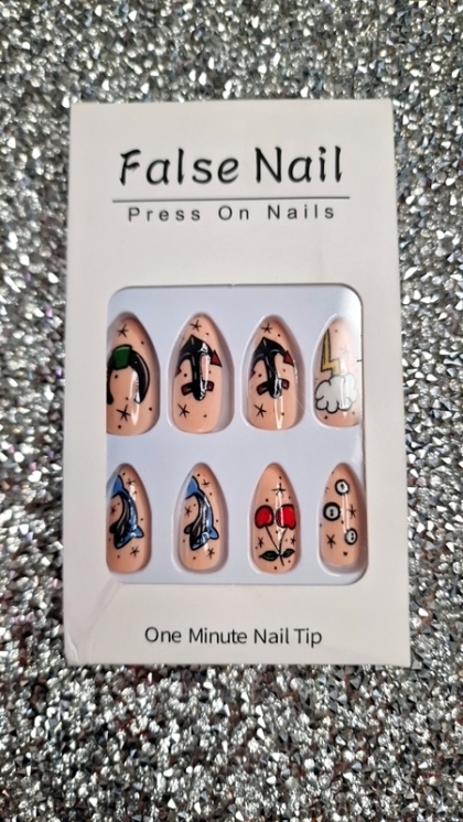 Beautiful Set - 24pcs Long Almond Extravagant Tattoo and Graffiti Design Fake Press on Nail