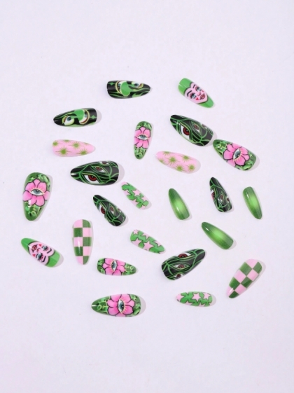 Beautiful Set - 24pcs Medium-Length Almond  Green And Pink Contrasting Color Love Mask Cartoon / EYE / Flowers Design Fake Press on Nail