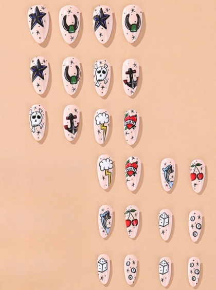 Beautiful Set - 24pcs Long Almond Extravagant Tattoo and Graffiti Design Fake Press on Nail