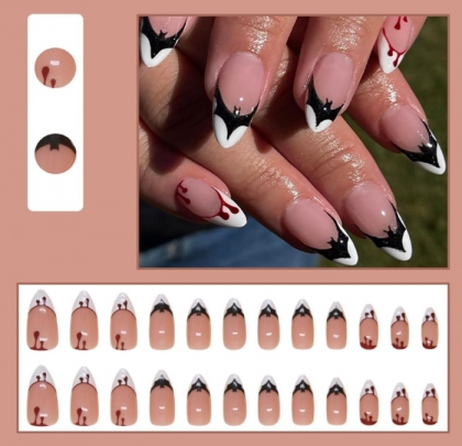 Beautiful Set - 24pcs Long Almond Funny Bat and Bloody French Style Halloween Design Fake Press on Nail