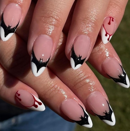 Beautiful Set - 24pcs Long Almond Funny Bat and Bloody French Style Halloween Design Fake Press on Nail