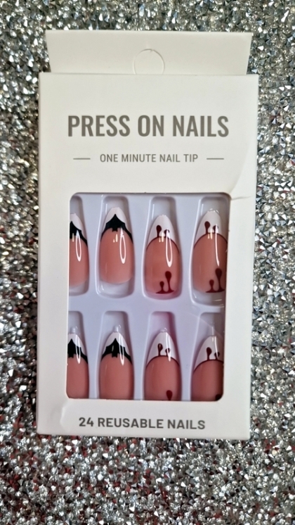 Beautiful Set - 24pcs Long Almond Funny Bat and Bloody French Style Halloween Design Fake Press on Nail