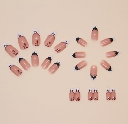 Beautiful Set - 24pcs Long Almond Funny Bat and Bloody French Style Halloween Design Fake Press on Nail