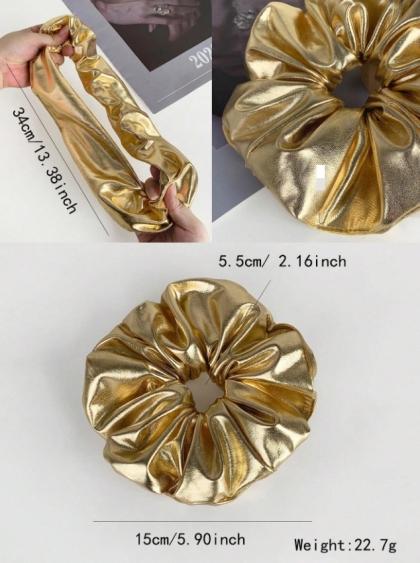 Огромно Шикозно Златно Бижу за Коса Еластично Скрънчи с Кожен Лачен Блестящ Ефект, Златно Скрънчи за Коса, Скрънчита за Коса, Еластично Скрънчи, Ластично Скрънчи, Аксесоари за Коса, Златни Аксесоари за Коса,Голямо Скрънчи за Стилна Прическа,Ластик за Коса