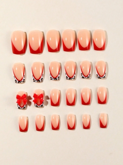 Beautiful Set - 24pcs Long Square Red Leopard Print French Tip with 3D Bow Decor Design Fake Press on Nail
