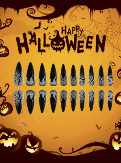 Beautiful Set - 24pcs Long Almond Dark Death Scythe Funny Horror Design Fake Press on Nail