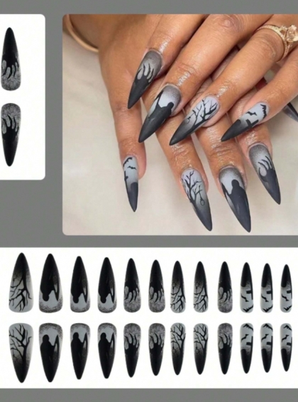Beautiful Set - 24pcs Long Almond Dark Death Scythe Funny Horror Design Fake Press on Nail