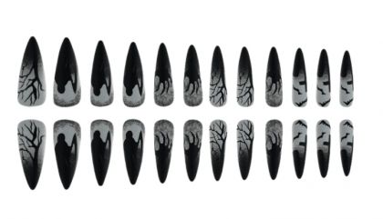 Beautiful Set - 24pcs Long Almond Dark Death Scythe Funny Horror Design Fake Press on Nail