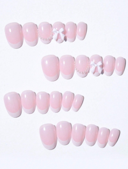 Beautiful Set - 24pcs Short Oval Cute French White Bowknot Chic Mini 3d with White Pearls Elegant Style Design Fake Press on Nail