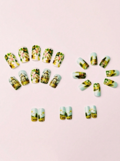 Beautiful Set - 24pcs Medium Long Elegant Countryside Flower Vintage Design Fake Press on Nail