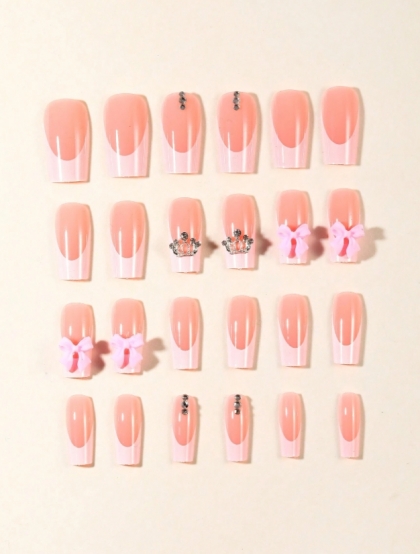 Beautiful Set - 24pcs Medium Long French Pink Bowknot Chic Mini 3d with Sparkle Queen Crown Elegant Style Design Fake Press on Nail