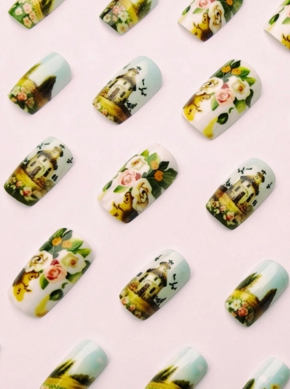 Beautiful Set - 24pcs Medium Long Elegant Countryside Flower Vintage Design Fake Press on Nail