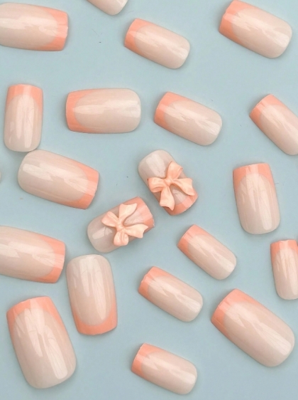 Beautiful Set - 24pcs Short Square Cute French Milky Melon Color Bowknot Chic Mini 3d Elegant Style Design Fake Press on Nail