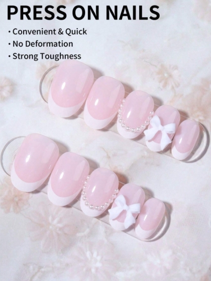 Beautiful Set - 24pcs Short Oval Cute French White Bowknot Chic Mini 3d with White Pearls Elegant Style Design Fake Press on Nail