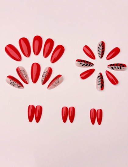 Beautiful Set - 24pcs Long Almond Bright Red and Leaf Print Design Fake Press on Nail