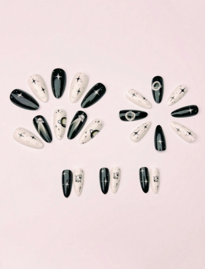 Beautiful Set - 24pcs Long Almond Glossy Star Planet Black and White Gradient Design Fake Press on Nail