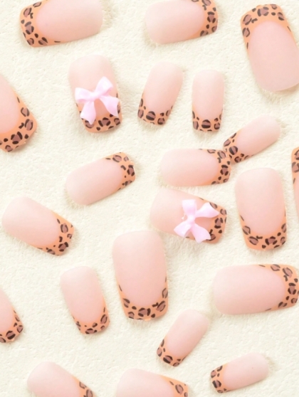 Beautiful Set - 24pcs Long Square Matte Pink Leopard Print French Tip with 3D Bow Decor Design Fake Press on Nail