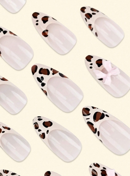 Beautiful Set - 24pcs Long Almond Leopard Print French 3d Pink Bow Design Fake Press on Nail