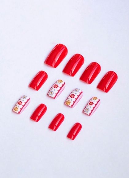 Beautiful Set - 24pcs Medium Square Ethno / Ethnic Red Colored Design Fake Press on Nail